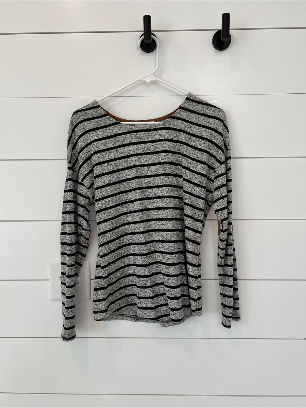 Striped Long-Sleeve Women's Top in Black and Gray with suede elbow patches